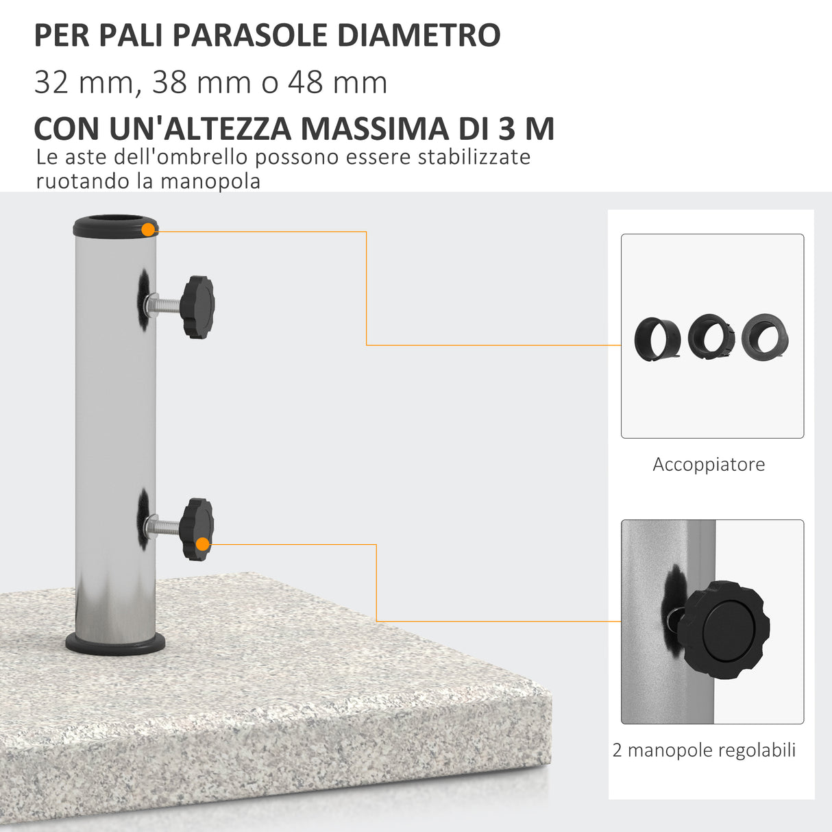 easycomfort easycomfort base per ombrellone da giardino 25kg per pali da 32mm 38mm e 48mm in granito e acciaio inox 38x38x38 cm grigia