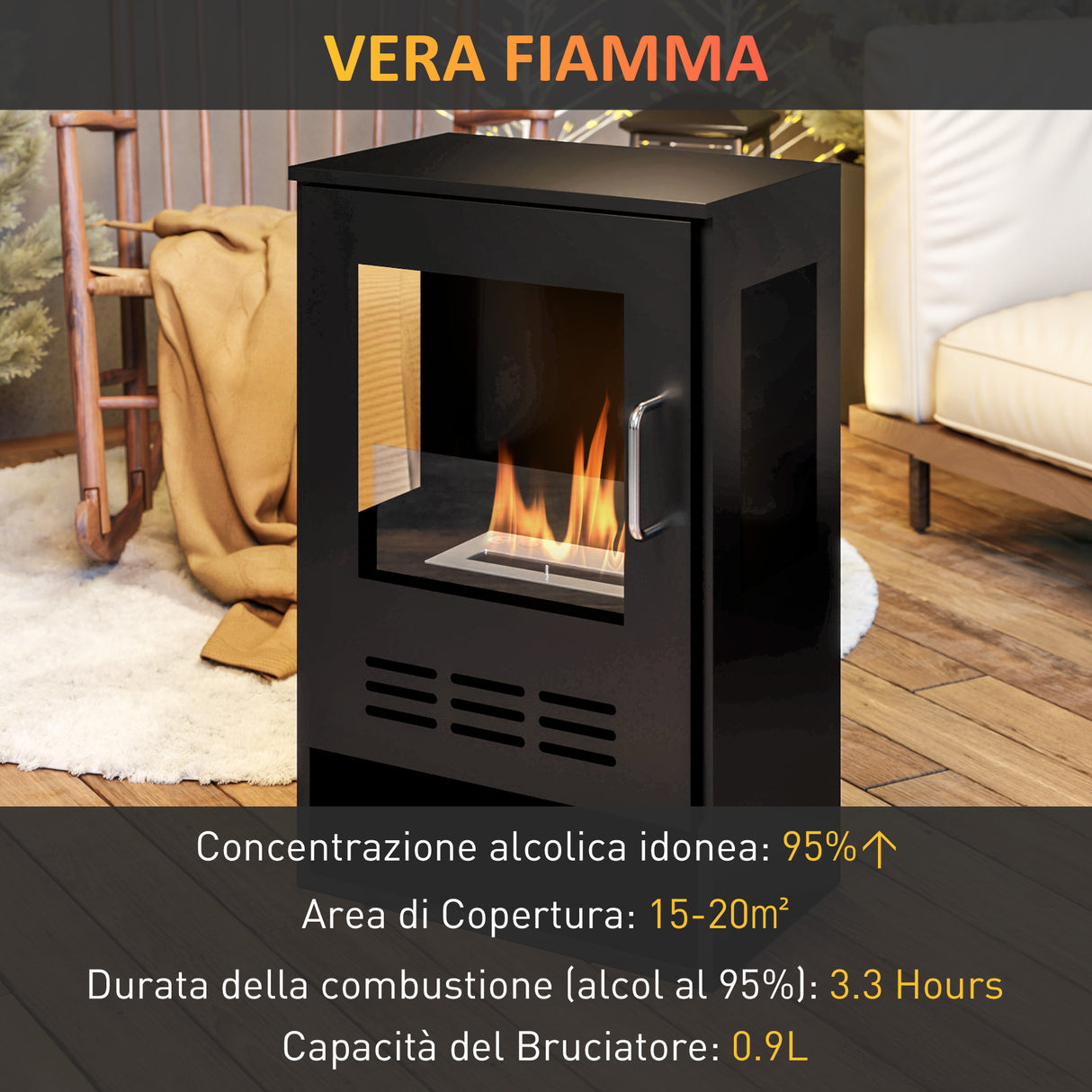 easycomfort easycomfort camino a bioetanolo autoportante con bruciatore da 0 9l e durata 3 3 ore 44x28x68 cm nero
