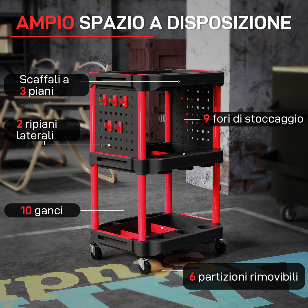 easycomfort easycomfort carrello porta attrezzi a 3 livelli in plastica con pannello forato laterale nero e rosso