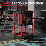 easycomfort easycomfort carrello porta attrezzi a 3 livelli in plastica con pannello forato laterale nero e rosso