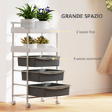 easycomfort easycomfort carrello portaoggetti con 2 vassoi fissi e 3 vassoi scorrevoli in acciaio e pp 40x34x85 cm bianco e grigio