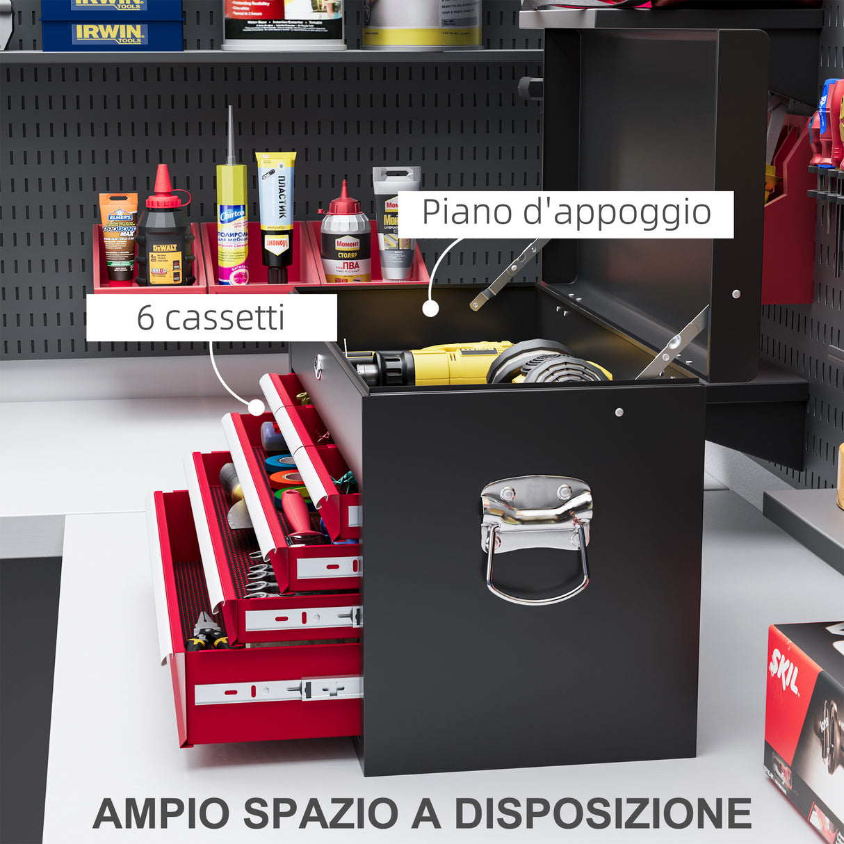 easycomfort easycomfort cassetta per attrezzi a 6 cassetti in acciaio con serratura 60x26x34cm nero e rosso
