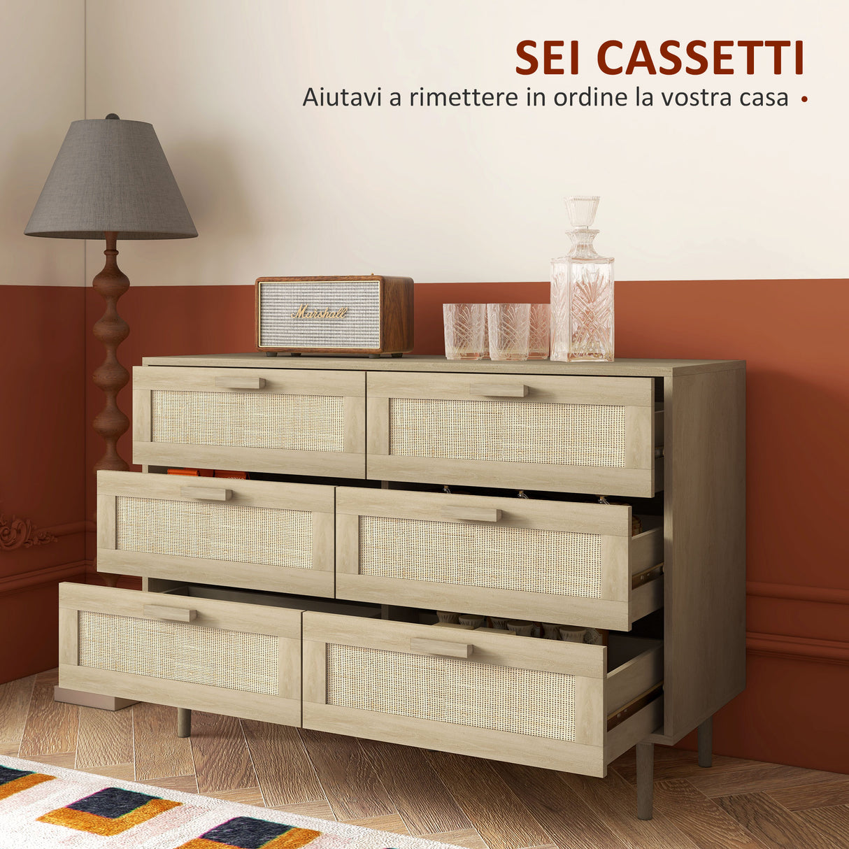 easycomfort easycomfort cassettiera 6 cassetti in legno e rattan stile boho per soggiorno e camera da letto 110x40x75 cm