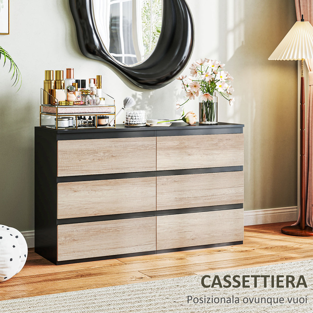 easycomfort easycomfort cassettiera 6 cassetti per camera da letto in legno con guide in metallo 120x39x75 cm nera e color legno