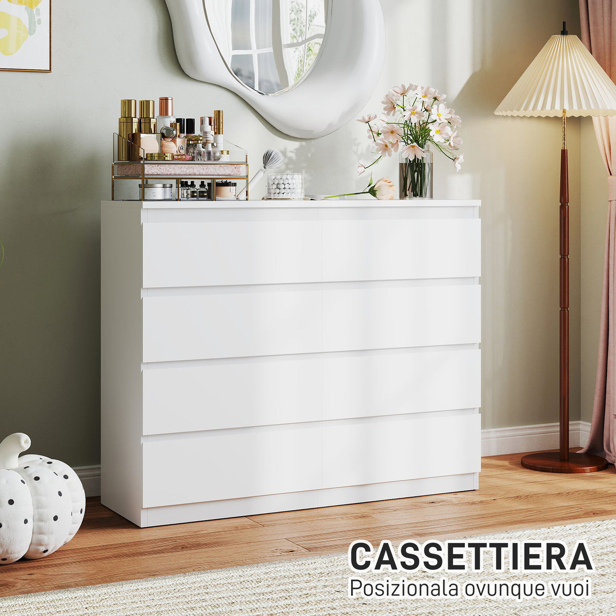 easycomfort easycomfort cassettiera 8 cassetti per camera da letto in legno con maniglie scanalate 120x39x100 cm bianco