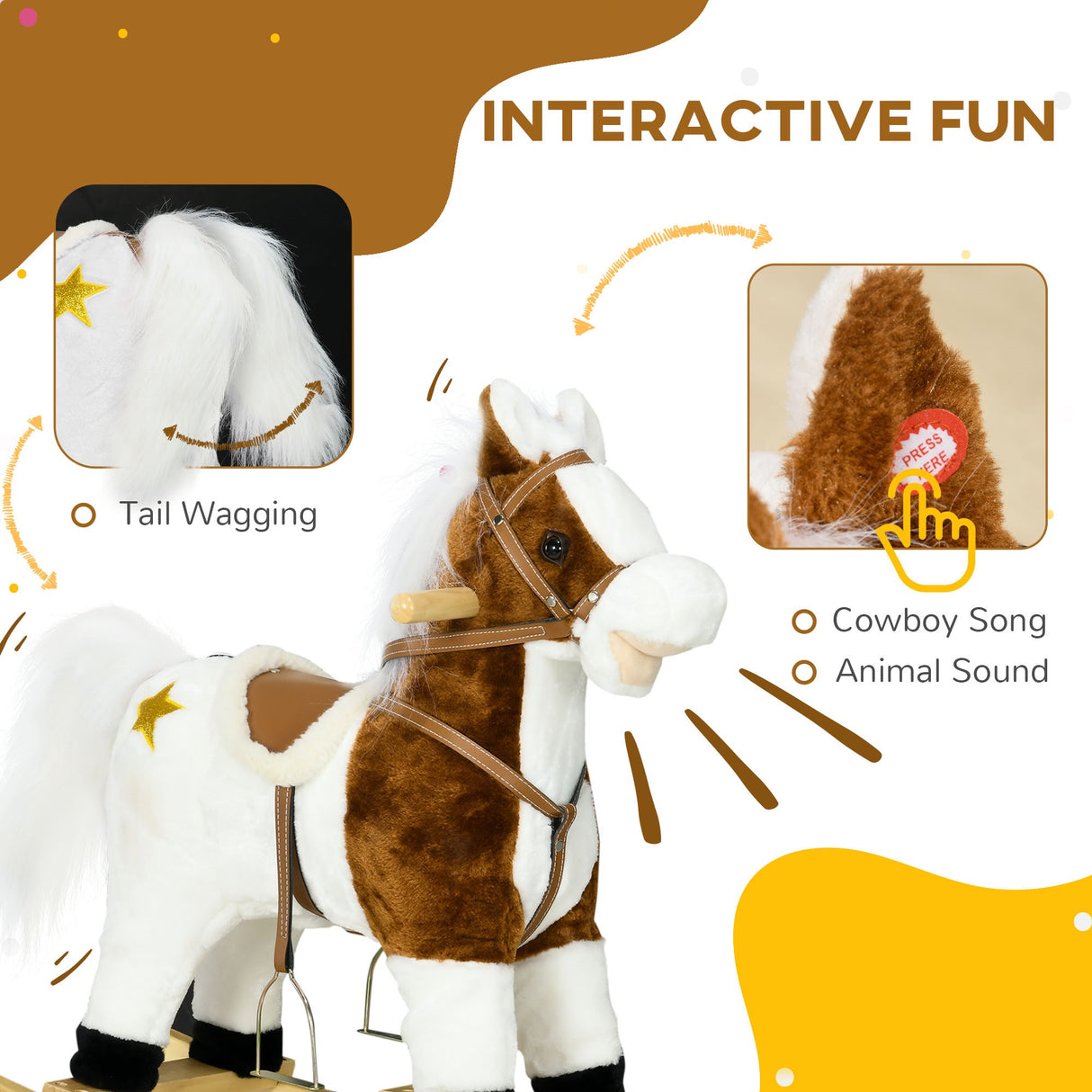 easycomfort easycomfort cavallino a dondolo per bambini da 3 6 anni in peluche con suoni 68x26x62cm marrone