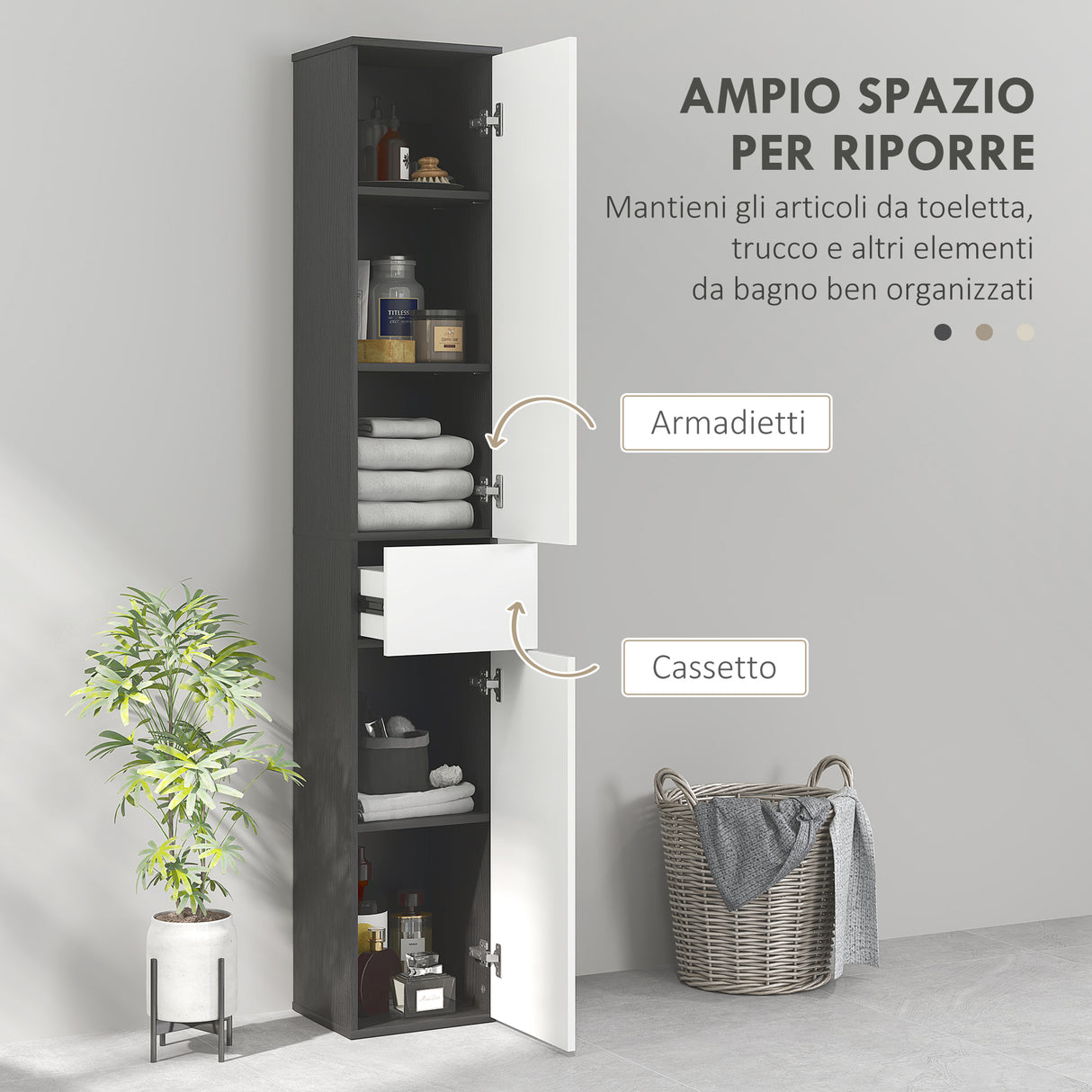 easycomfort easycomfort colonna bagno salvaspazio in legno con 2 armadietti e cassetto 30x28x180 cm nero