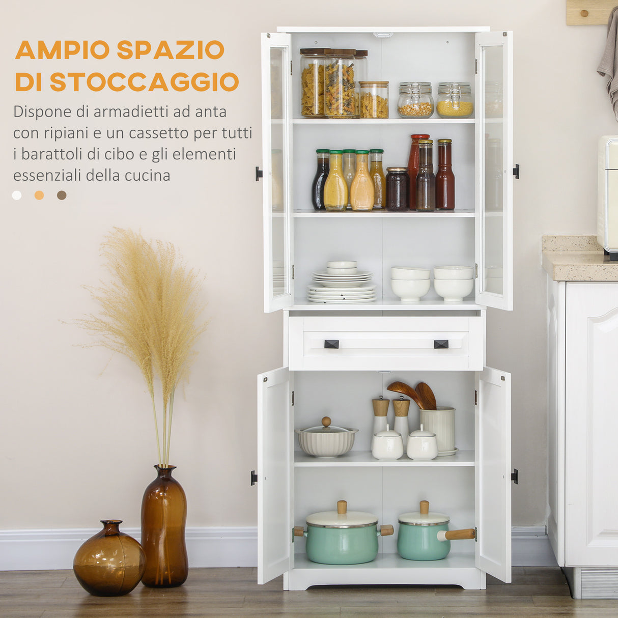 easycomfort easycomfort credenza da cucina alta con 2 armadietti e cassetto ante a vetri e ripiani regolabili 60x30x160cm bianco