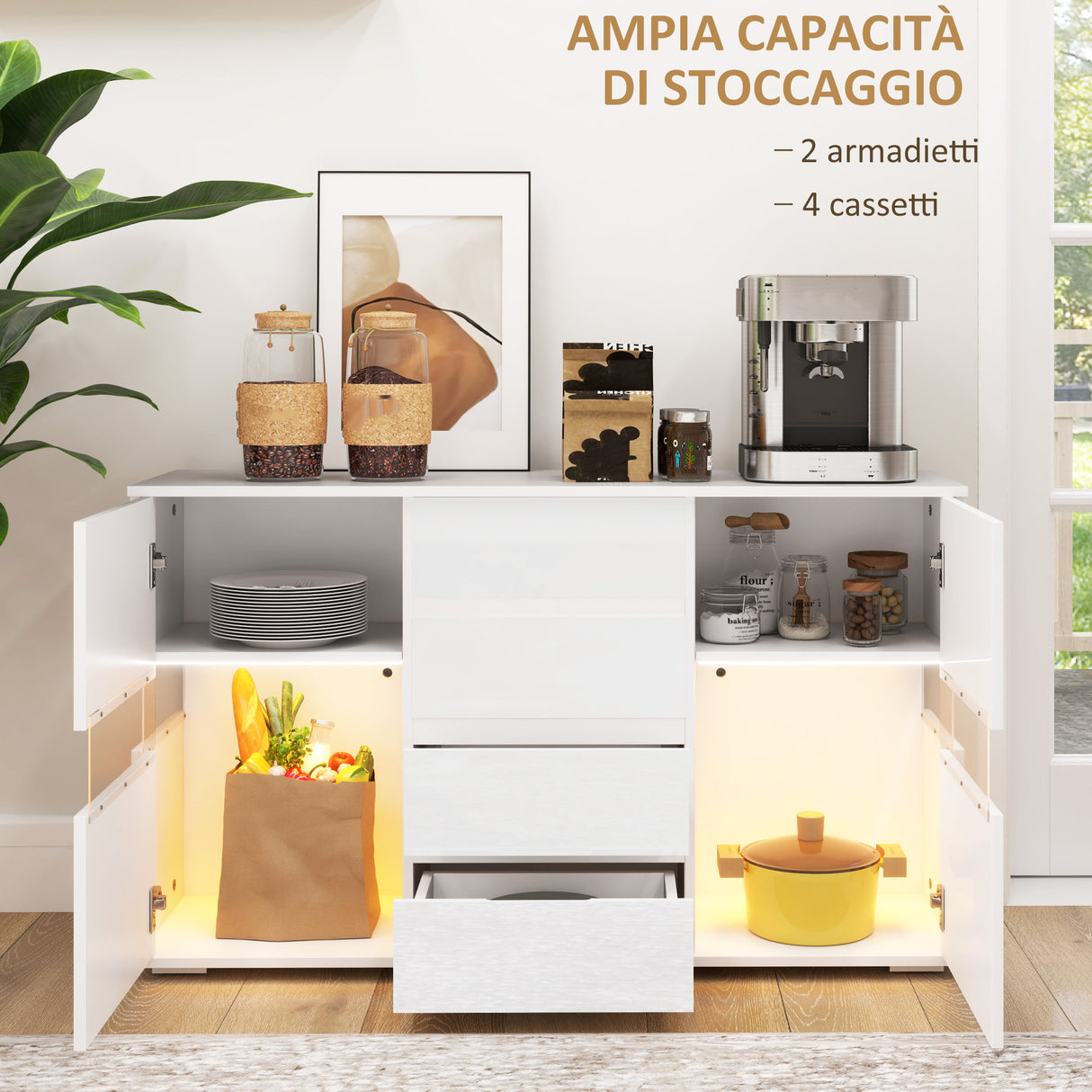 easycomfort easycomfort credenza moderna con led regolabile con telecomando 4 cassetti e 2 armadietti 120x34x70 cm bianco