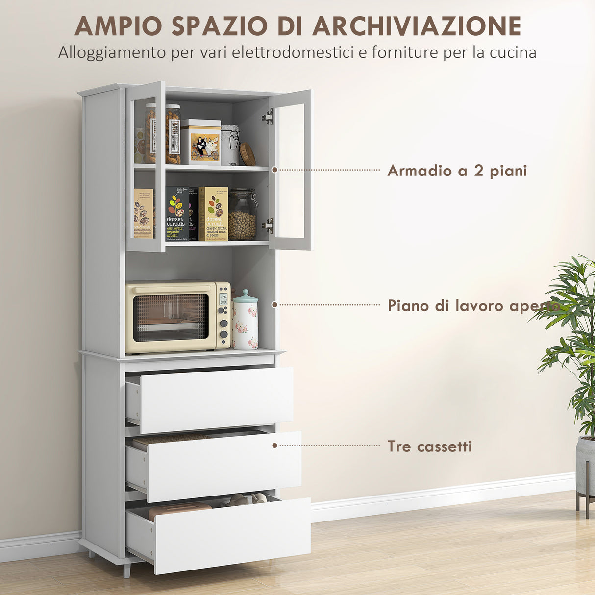 easycomfort easycomfort dispensa cucina alta con armadietto a 2 livelli e 3 cassetti in mdf 68x38x172 cm bianco