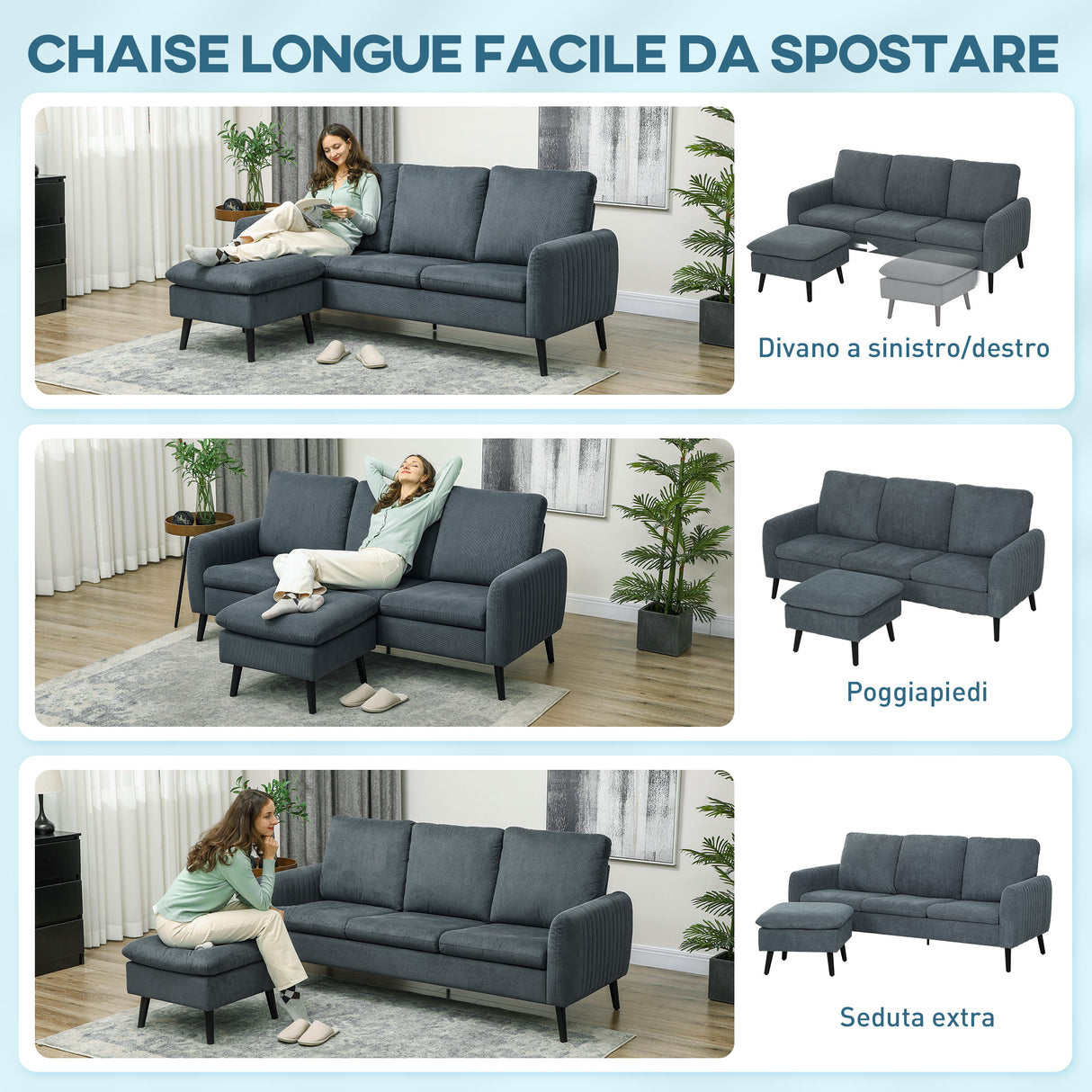 easycomfort easycomfort divano 3 posti angolare con chaise longue reversibile in tessuto effetto velluto 196x140x88 cm grigio carbone