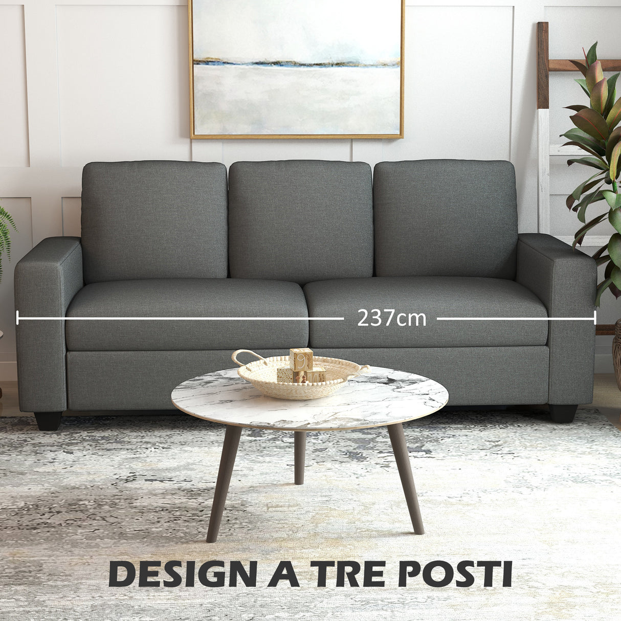easycomfort easycomfort divano 3 posti in tessuto con cuscini imbottiti e rivestimento effetto lino 237x94x102cm grigio
