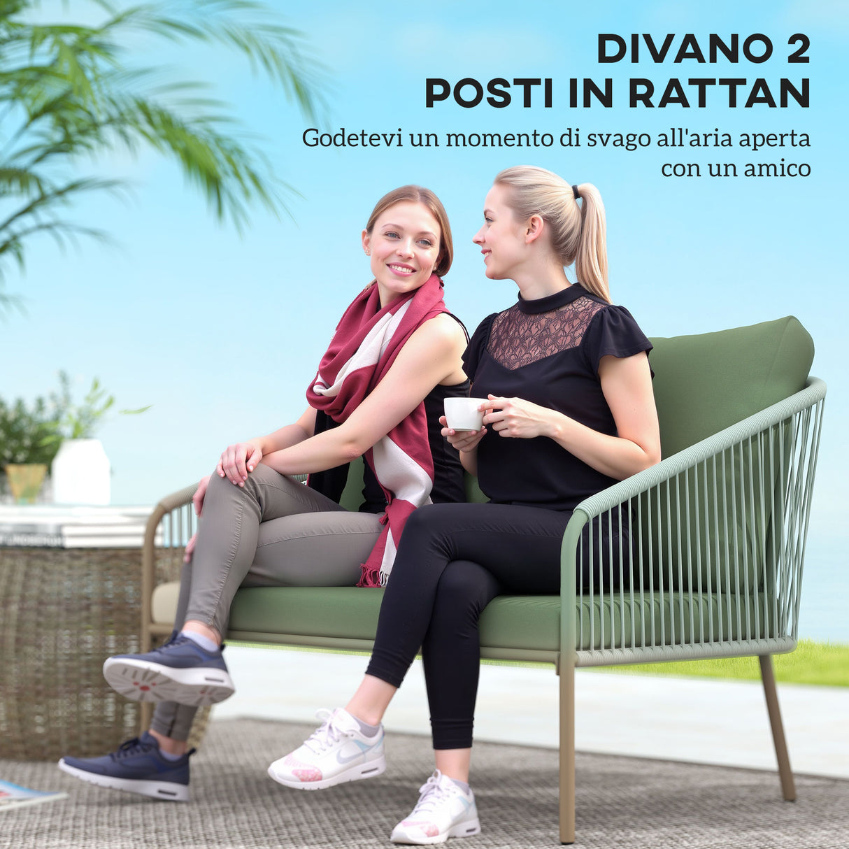 easycomfort easycomfort divano da giardino 2 posti in rattan pe stile boho con cuscini sfoderabili e braccioli verde
