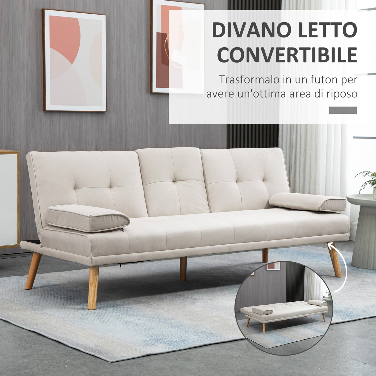 easycomfort easycomfort divano letto 3 posti reclinabile con rivestimento effetto lino e tavolino a ribalta beige