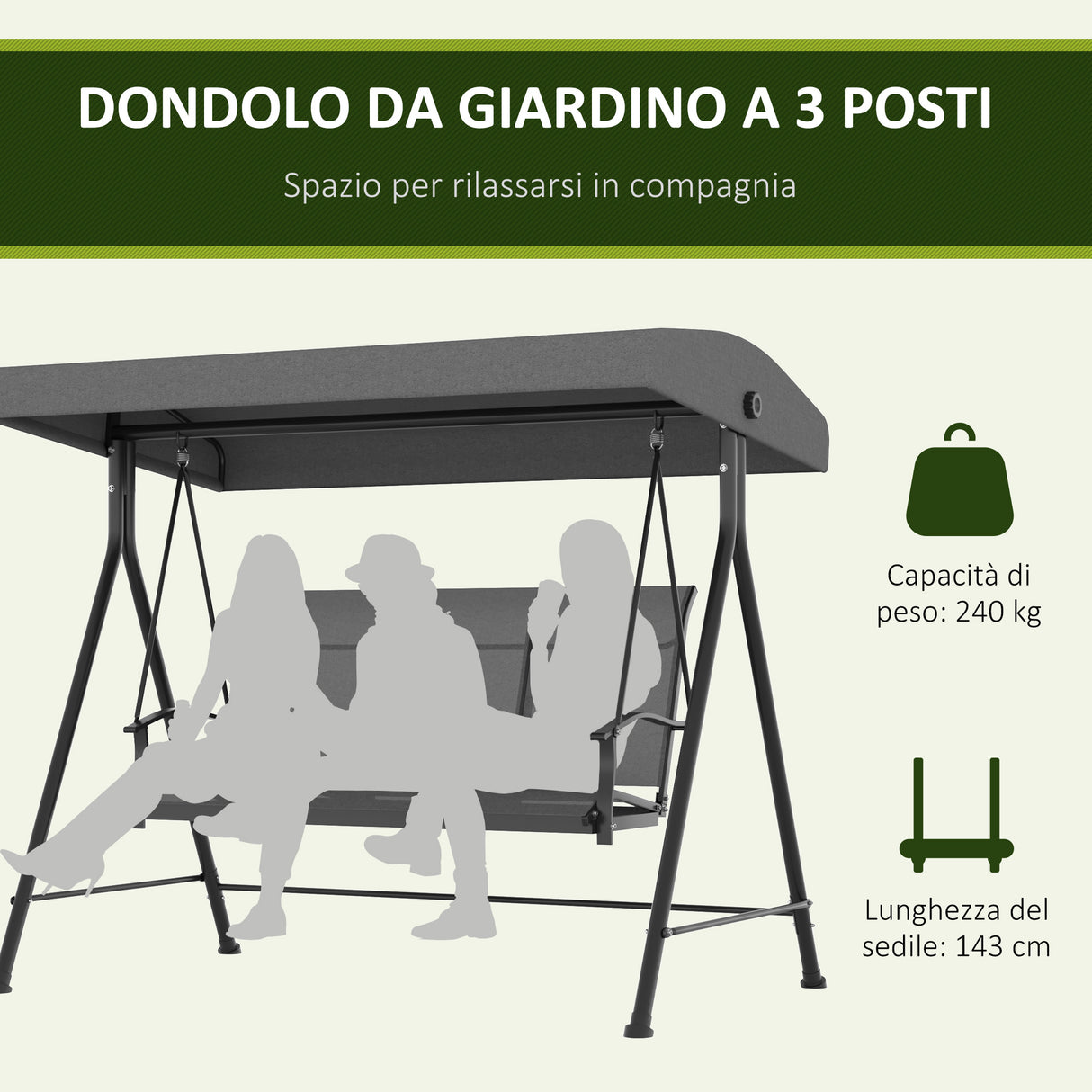 easycomfort easycomfort dondolo da giardino 3 posti con tettuccio parasole regolabile 195x118x170 cm grigio scuro