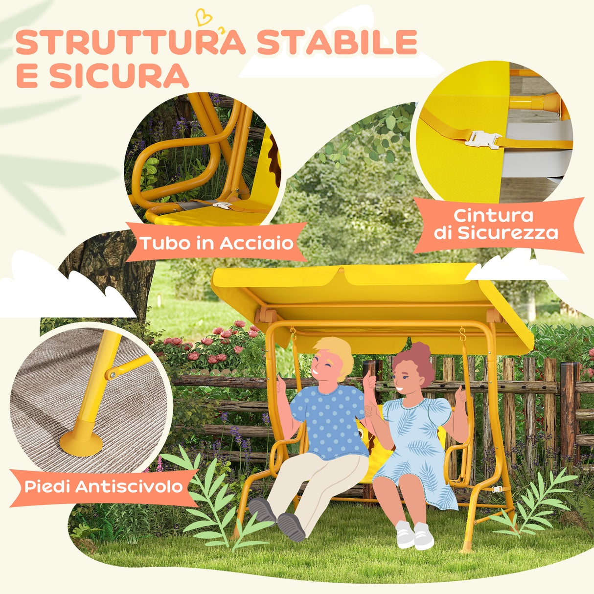 easycomfort easycomfort dondolo per bambini da esterno a 2 posti con tettuccio regolabile e cinture di sicurezza 112x75x120 cm giallo