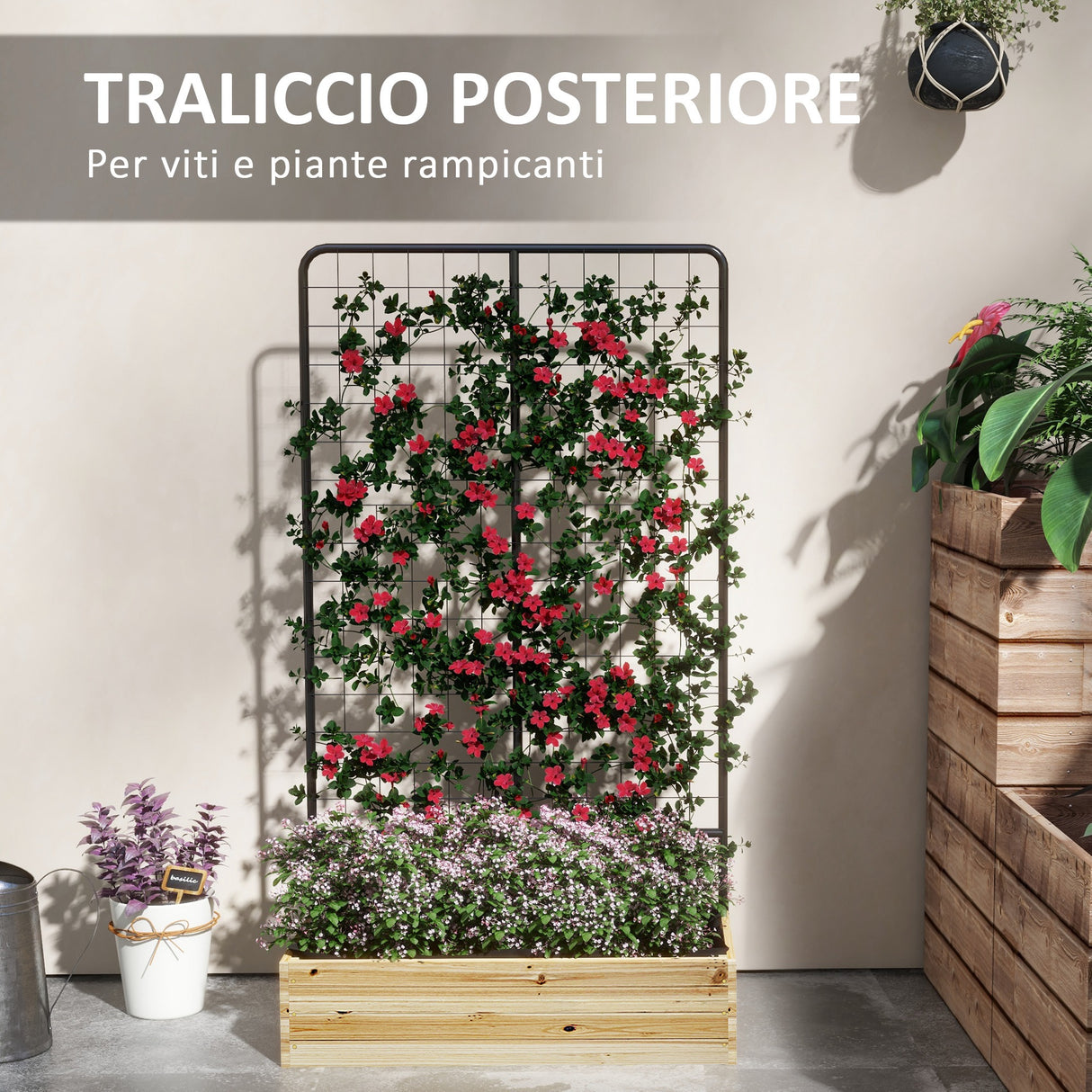 easycomfort easycomfort fioriera con grigliato e 2 fori di drenaggio in legno di abete e acciaio 80x38x145 cm