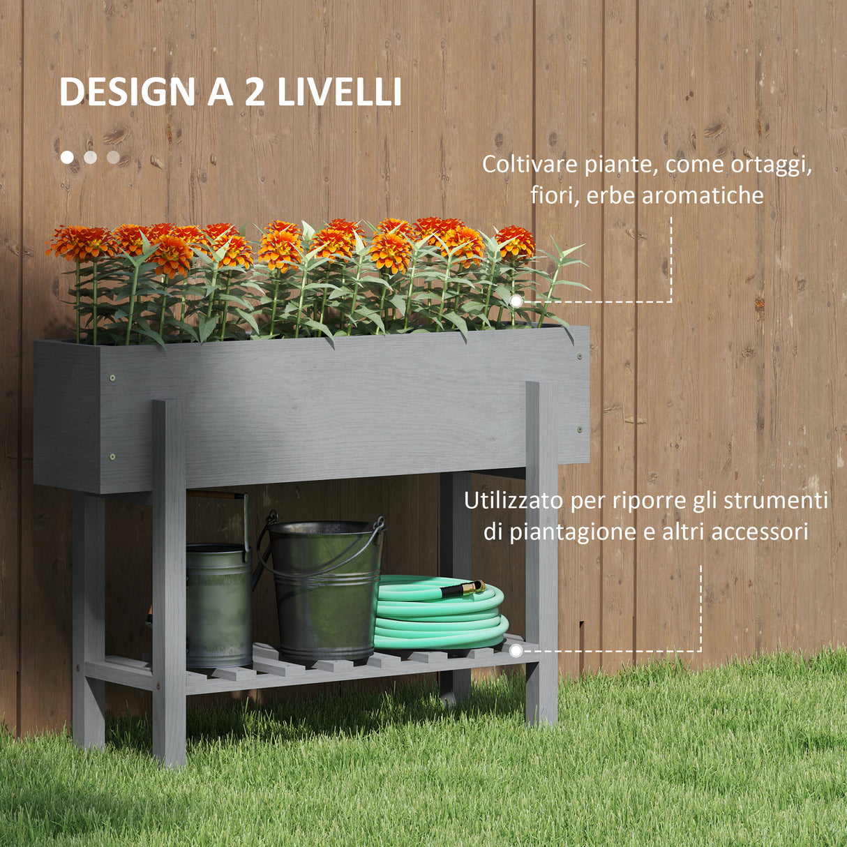 easycomfort easycomfort fioriera rialzata con ripiano inferiore e 2 fori di drenaggio in legno di abete 100x30x70 5 cm grigio