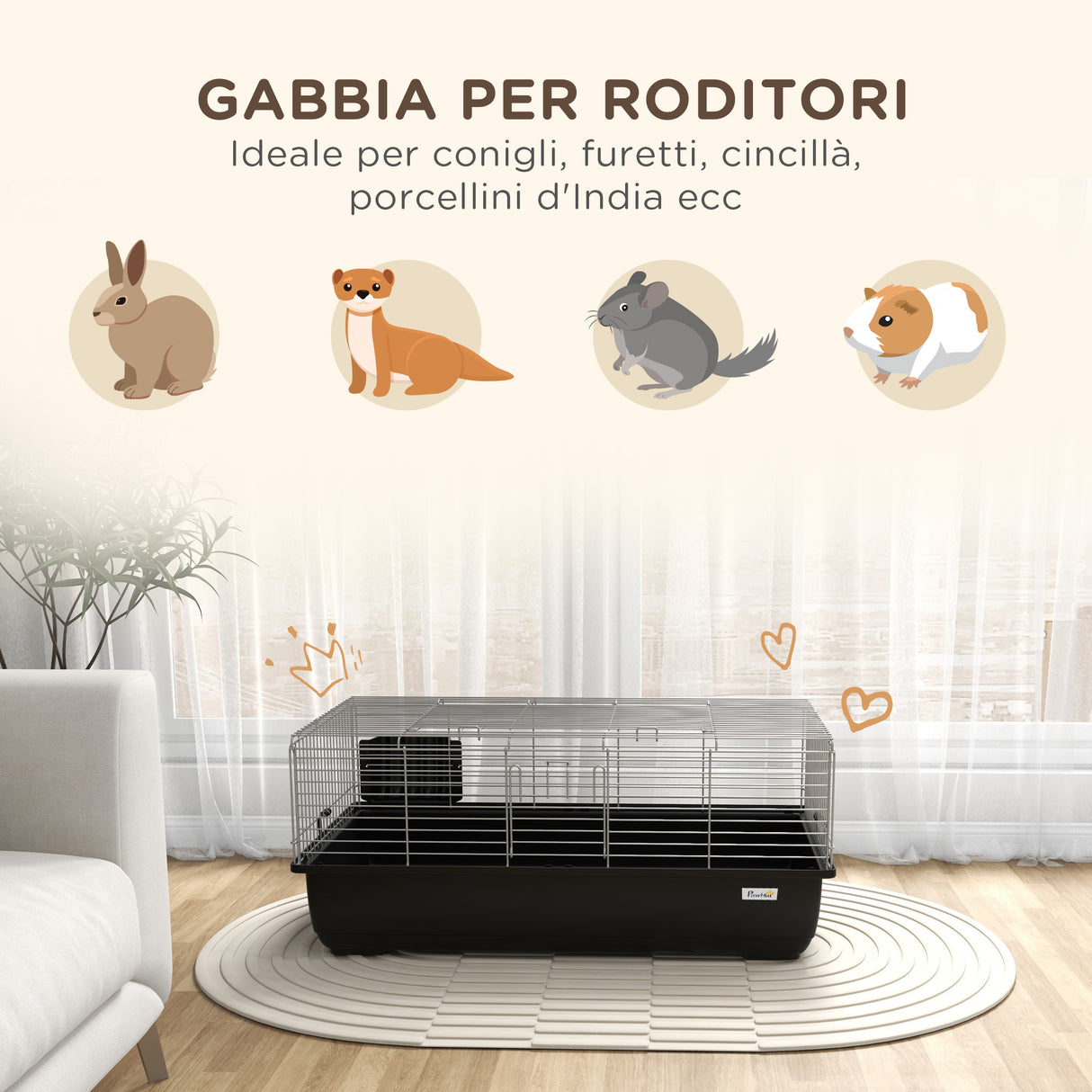 easycomfort easycomfort gabbia per conigli a 2 porte con vassoio rimovibile in metallo e plastica pp 100x55x41 cm nero e argento
