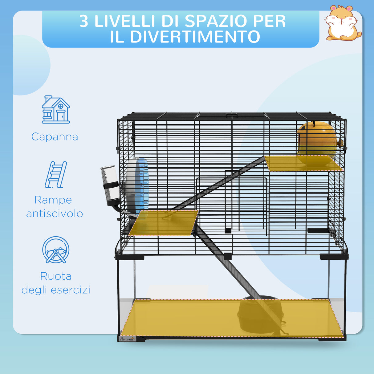 easycomfort easycomfort gabbia per criceti a 3 livelli con ruota rampe e fondo rimovibile 60x40x57cm nero