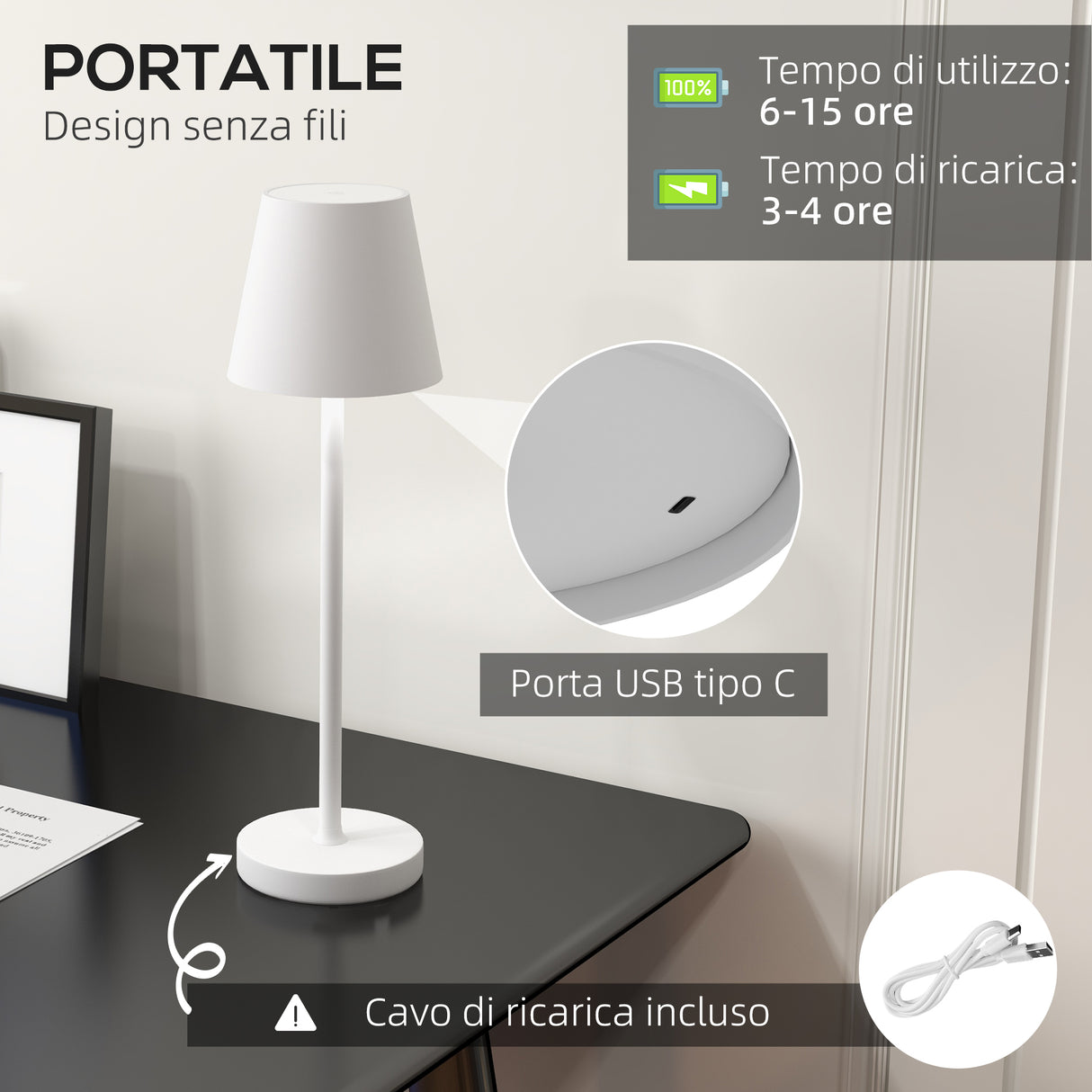 easycomfort easycomfort lampada da tavolo portatile in acrilico e metallo da 3600mah con cavo di ricarica 11 2x36 5 cm bianco