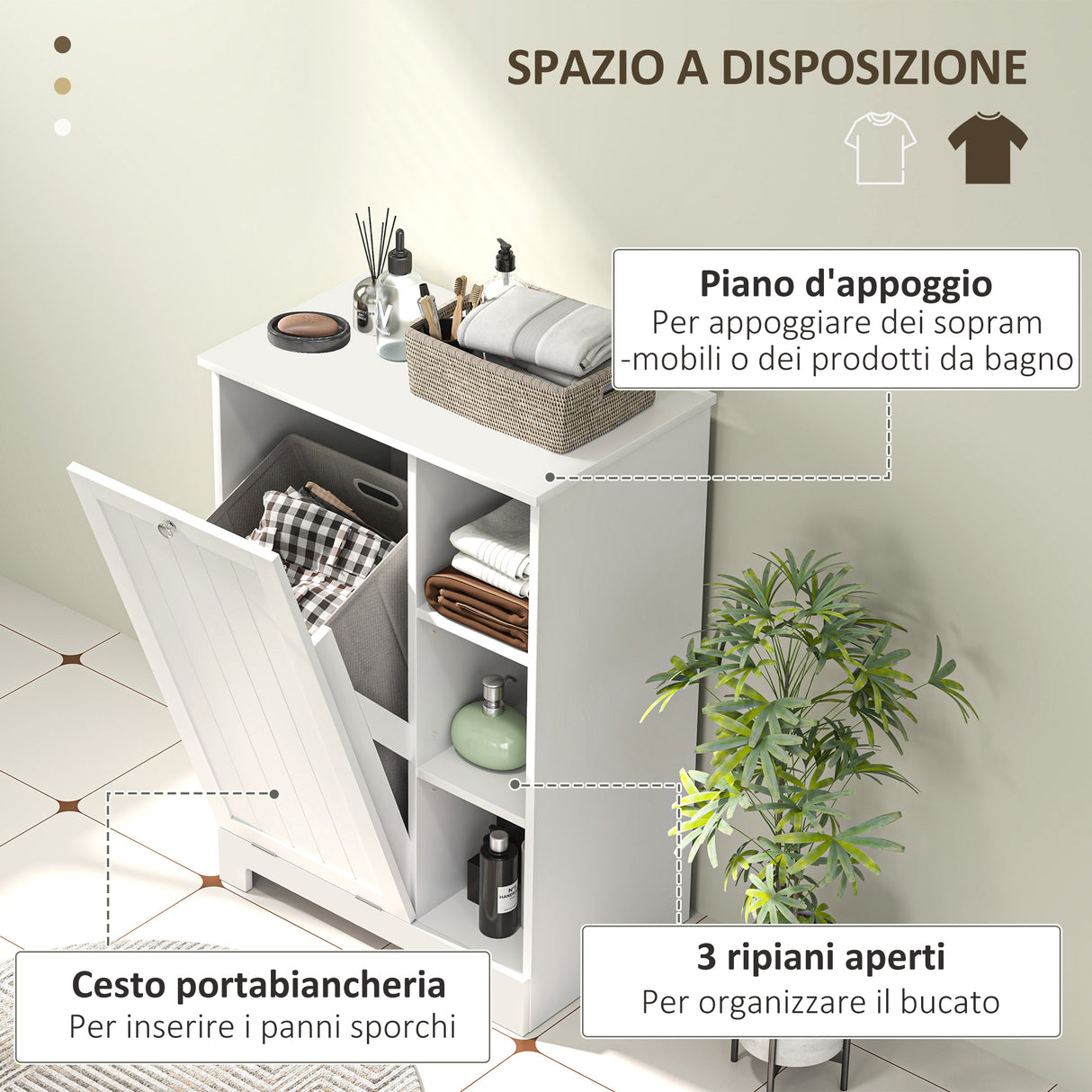 easycomfort easycomfort mobile bagno portabiancheria con cesto rimovibile e ripiani regolabili 60x38x86 cm bianco