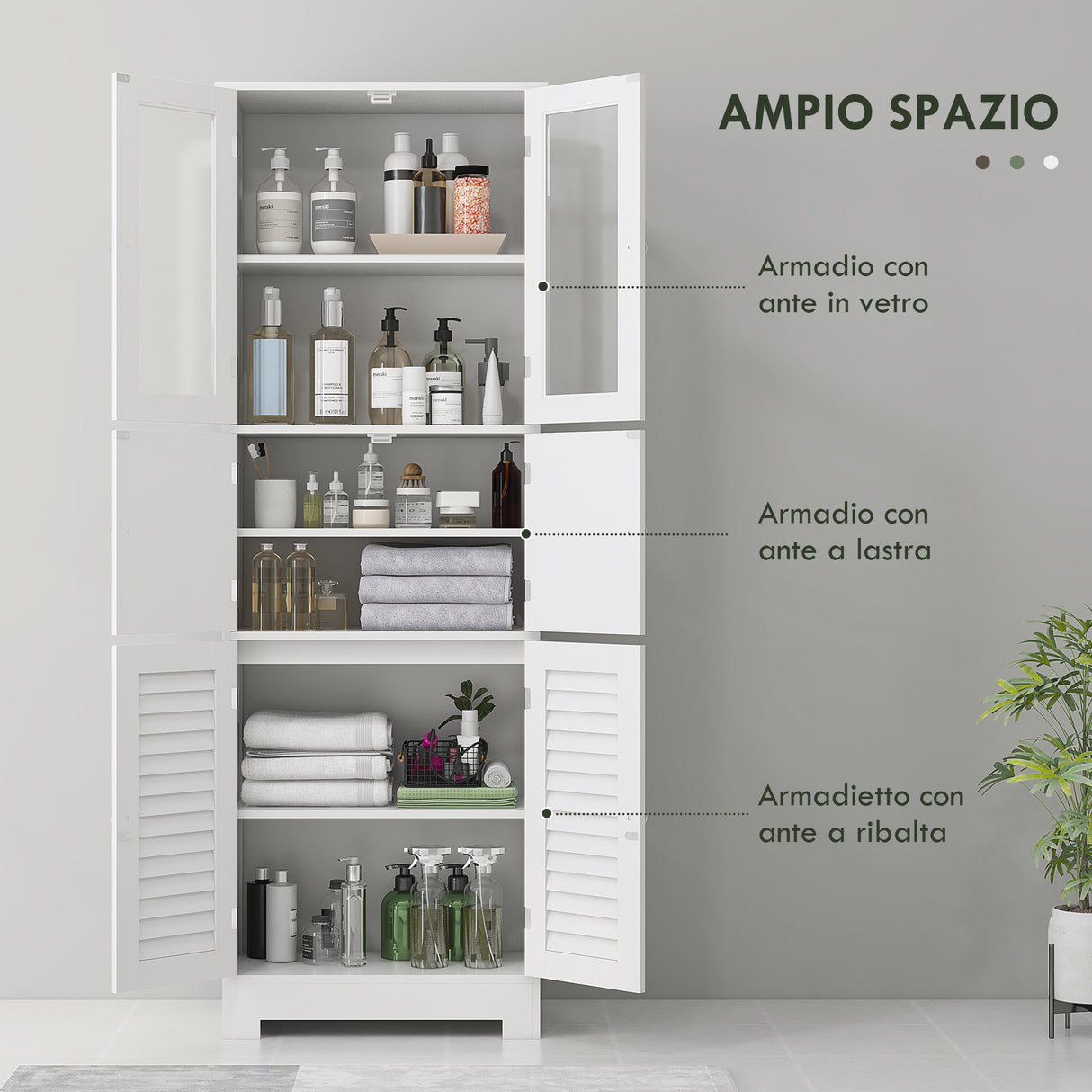 easycomfort easycomfort mobile colonna bagno con 3 armadietti e ante in vetro e a persiana 60x30x170 5cm bianco