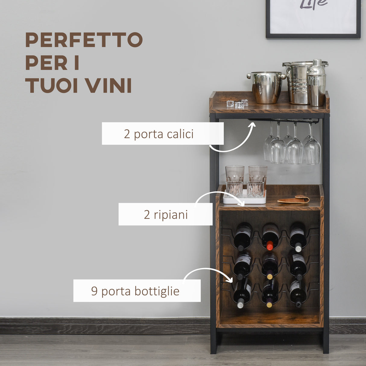 easycomfort easycomfort mobile portabottiglie stile industriale con cantinetta vini per 9 bottiglie e portacalici marrone