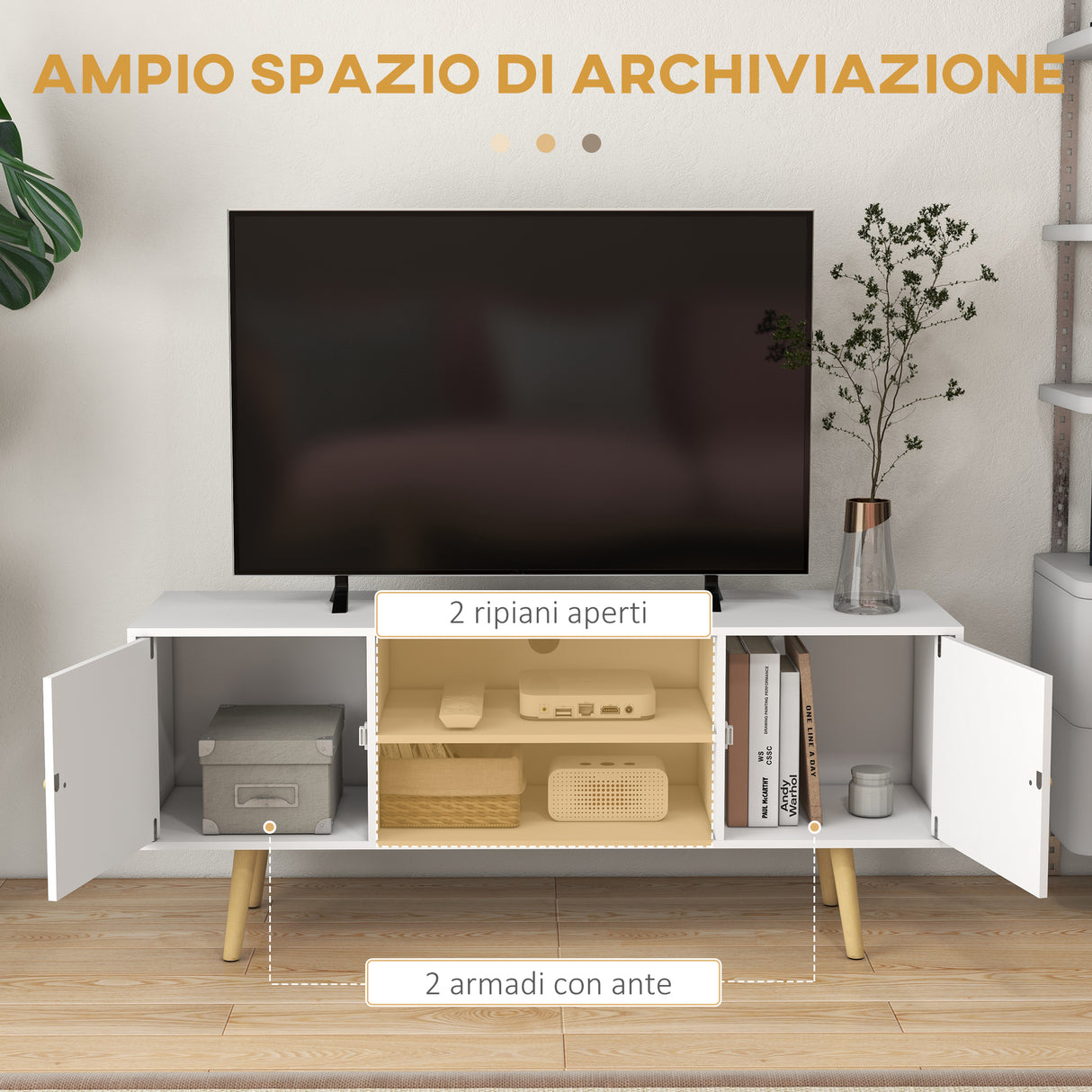 easycomfort easycomfort mobile tv 55 max con 2 armadietti e 2 ripiani aperti in legno e truciolato 120x34x50 cm bianco