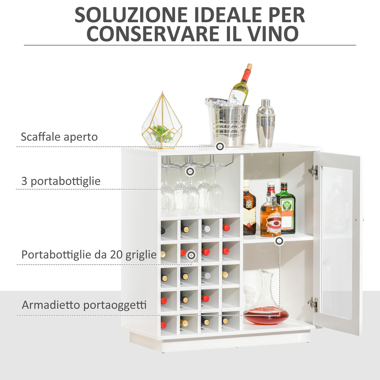 easycomfort easycomfort mobiletto portabottiglie vini con porta calici e armadietto capacita 20 bottiglie 80x36x85 cm bianco