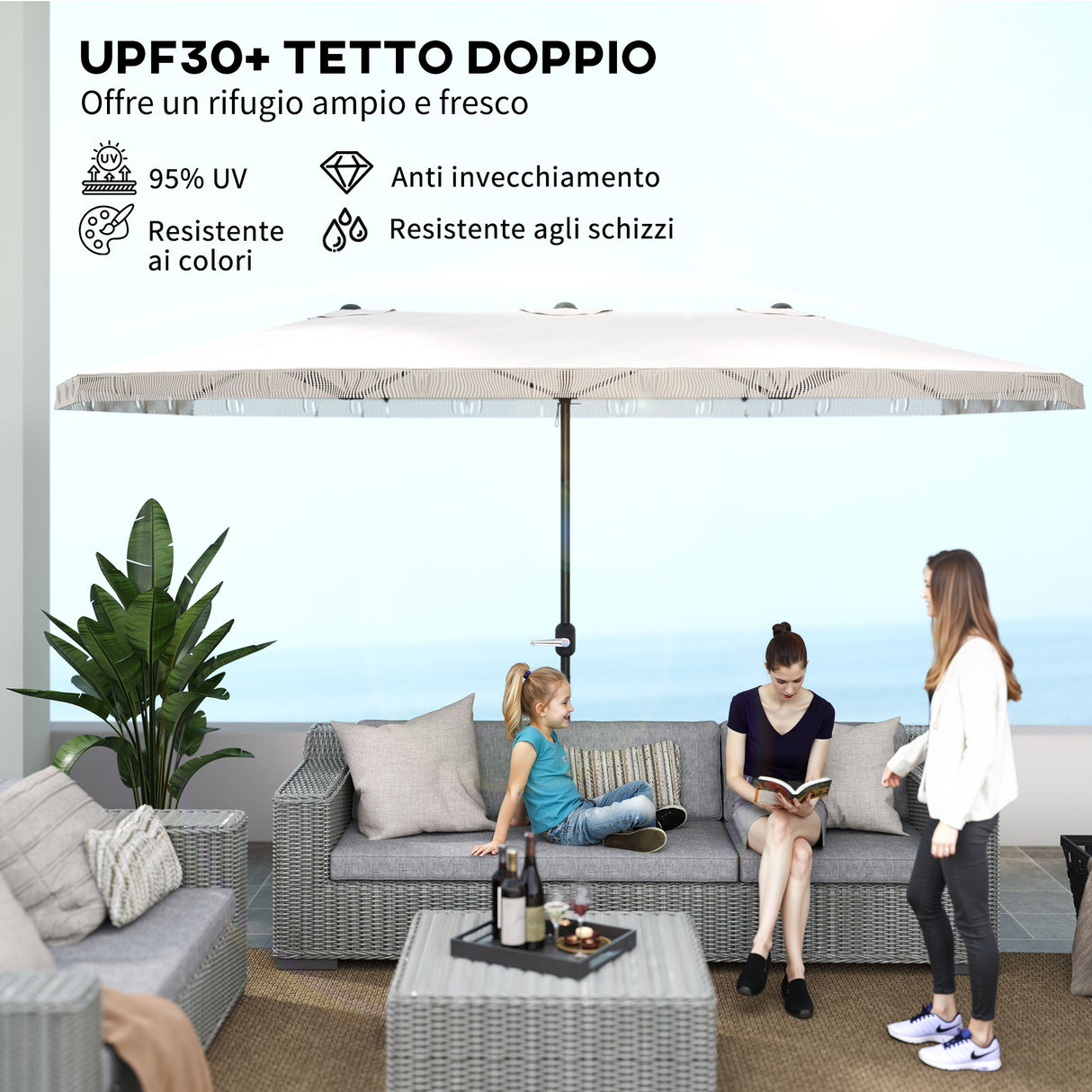 easycomfort easycomfort ombrellone doppio a 12 stecche con manovella in poliestere e acciaio 450x265x260 cm bianco crema