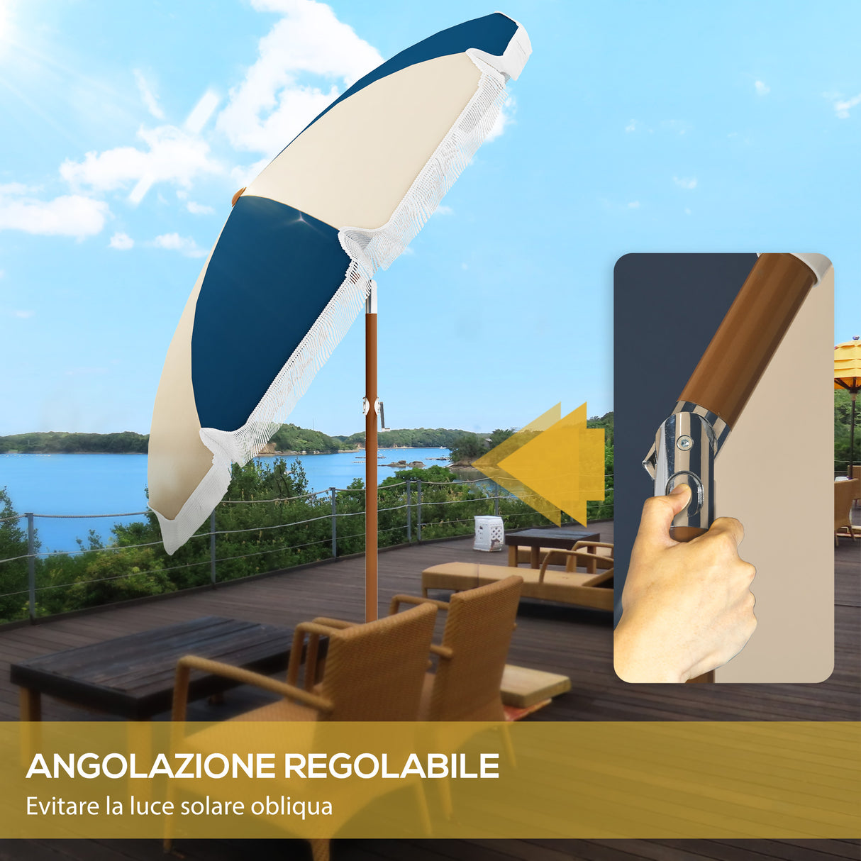 easycomfort easycomfort ombrellone rotondo e inclinabile a 8 stecche con manovella in poliestere e acciaio 213x234 cm blu e beige