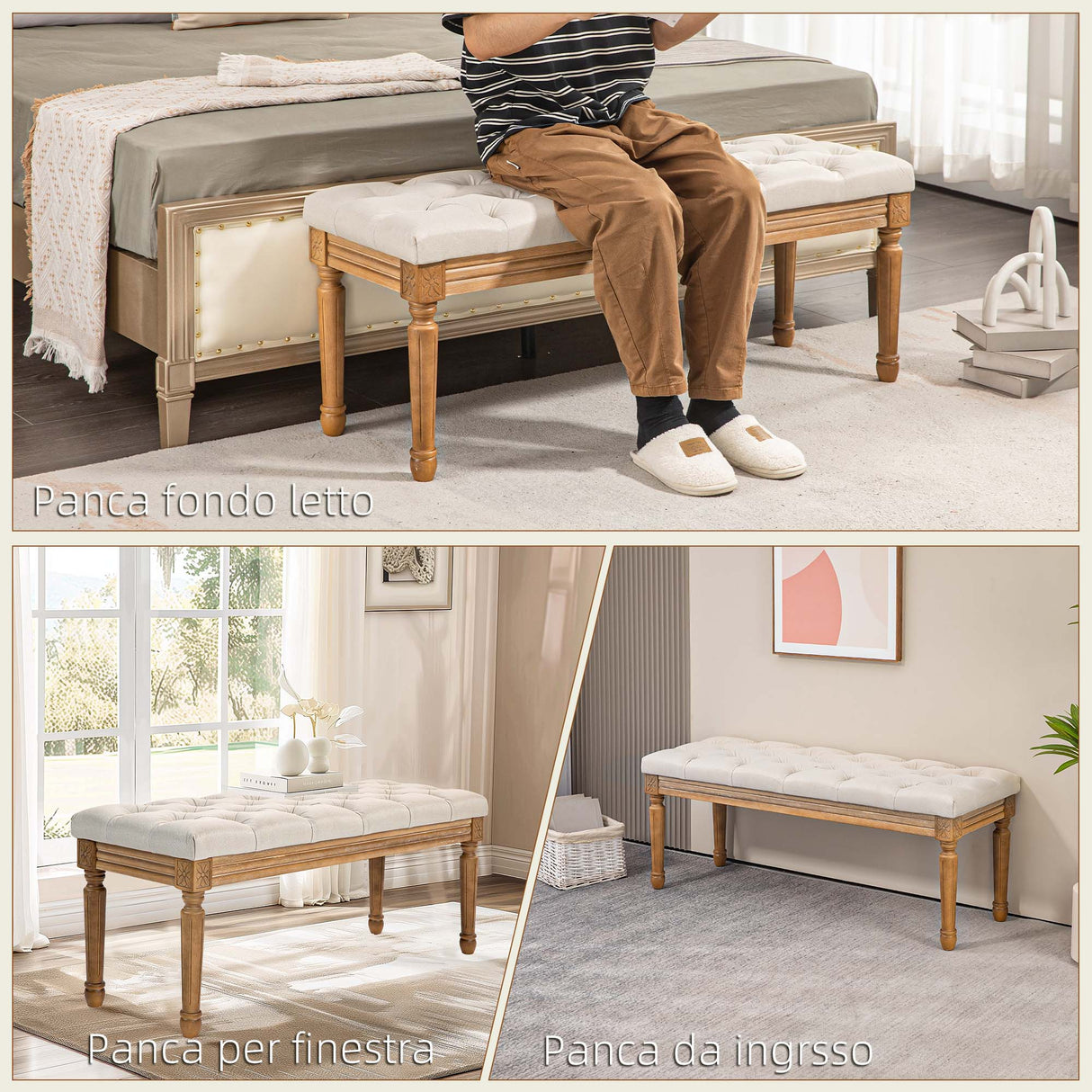 easycomfort easycomfort panca fondoletto imbottita con seduta trapuntata a bottoni in tessuto e legno 120x41x48cm crema