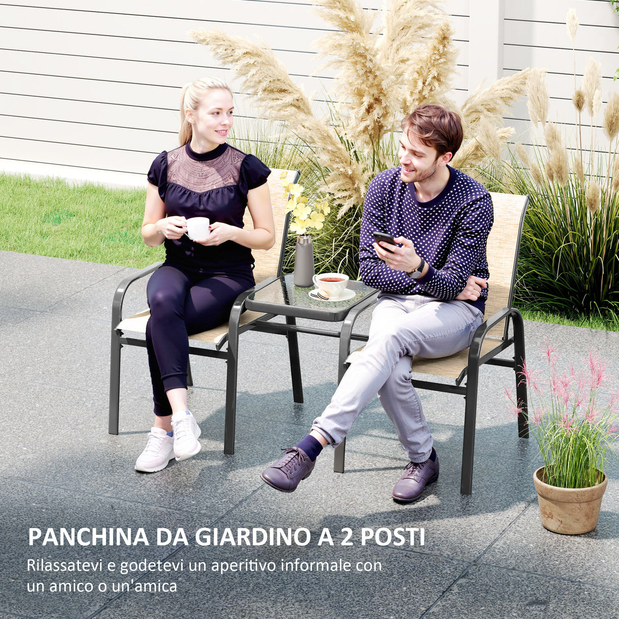 easycomfort easycomfort panchina 2 posti da giardino con braccioli schienale alto e tavolino basso centrale in vetro marrone e nero