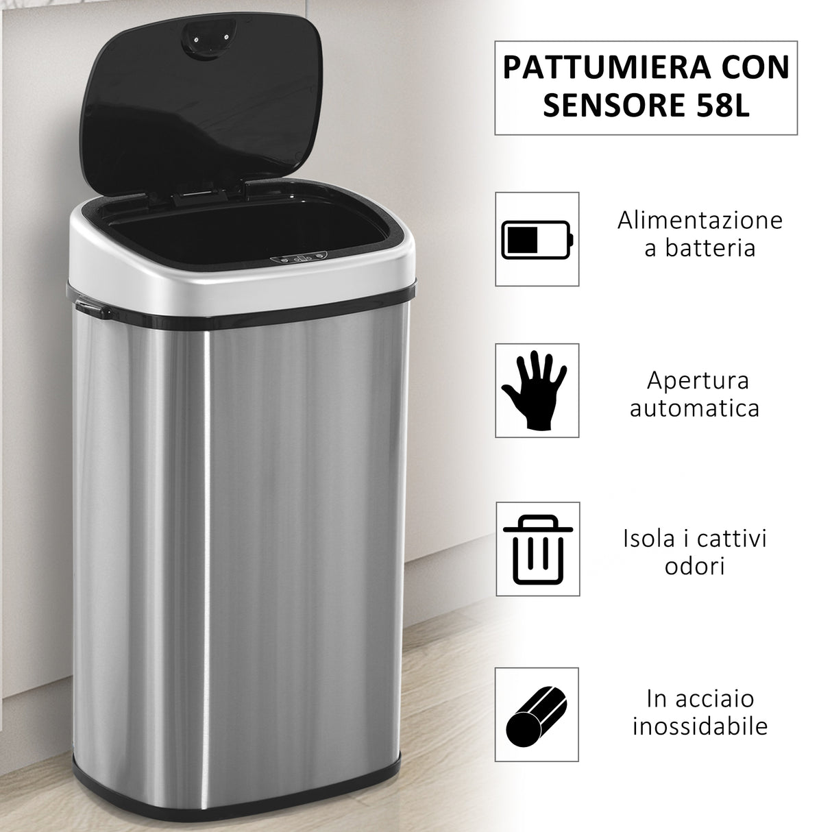 easycomfort easycomfort pattumiera cestino bidone con coperchio a sensore ad infrarossi per cucina bagno capacita 58l in acciaio abs 40 9 28 9 68cm