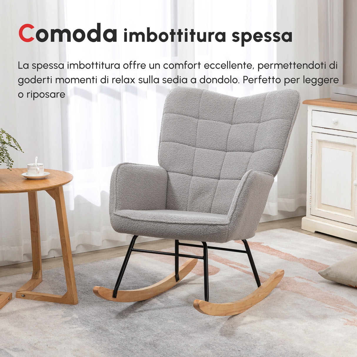 easycomfort easycomfort poltrona a dondolo imbottita in legno e acciaio con rivestimento boucle 71x98x101 cm grigio
