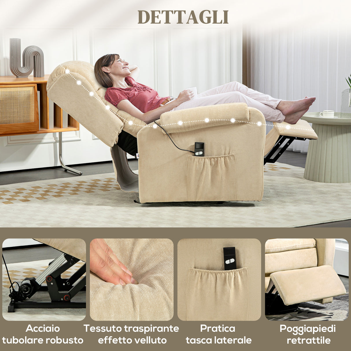 easycomfort easycomfort poltrona alzapersona reclinabile a 160 con poggiapiedi e telecomando in velluto 85x88x109 cm crema