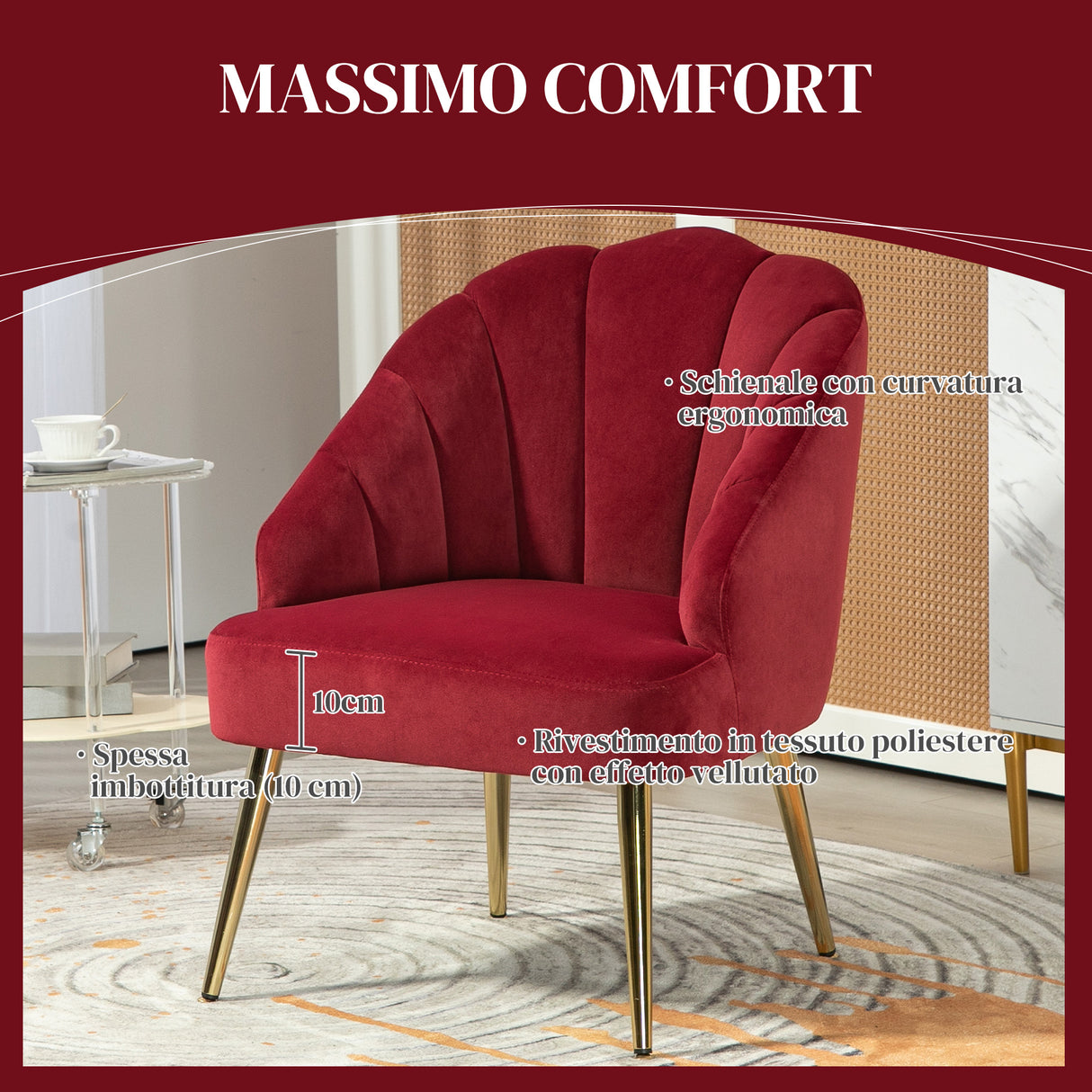 easycomfort easycomfort poltrona in velluto a conchiglia stile art deco per camera e soggiorno acciaio 63x65x84 cm rosso