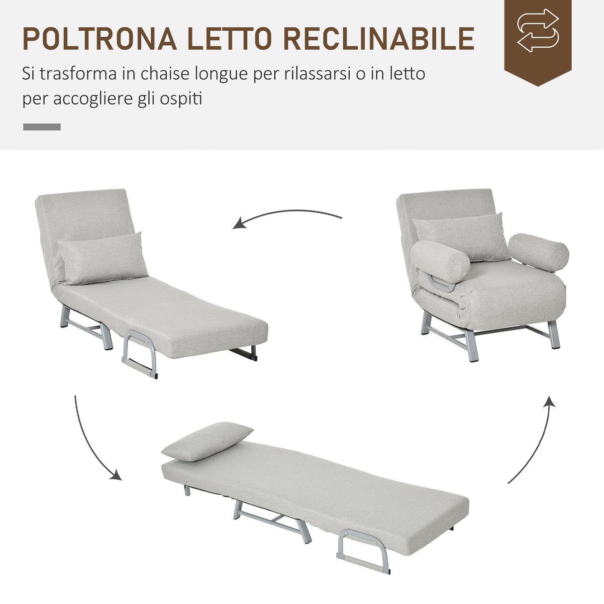easycomfort easycomfort poltrona letto singolo con schienale reclinabile 5 livelli con cuscino extra tessuto e metallo 73x74x81cm grigio