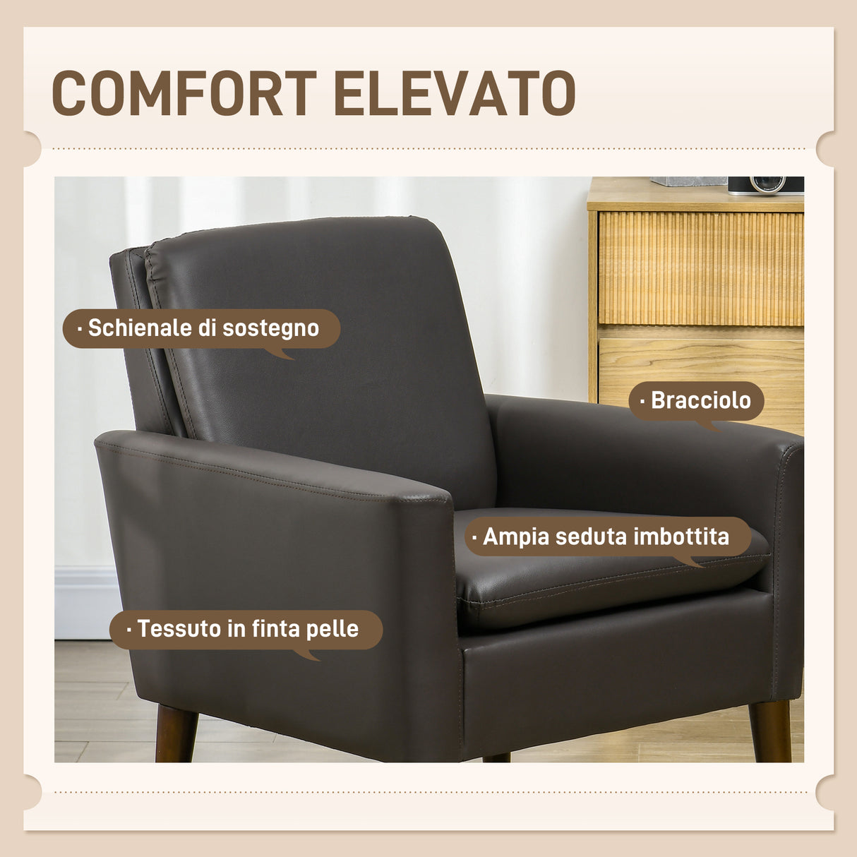 easycomfort easycomfort poltrona per salotto imbottita poltrona moderna in finta pelle e legno 75x78x81 cm marrone