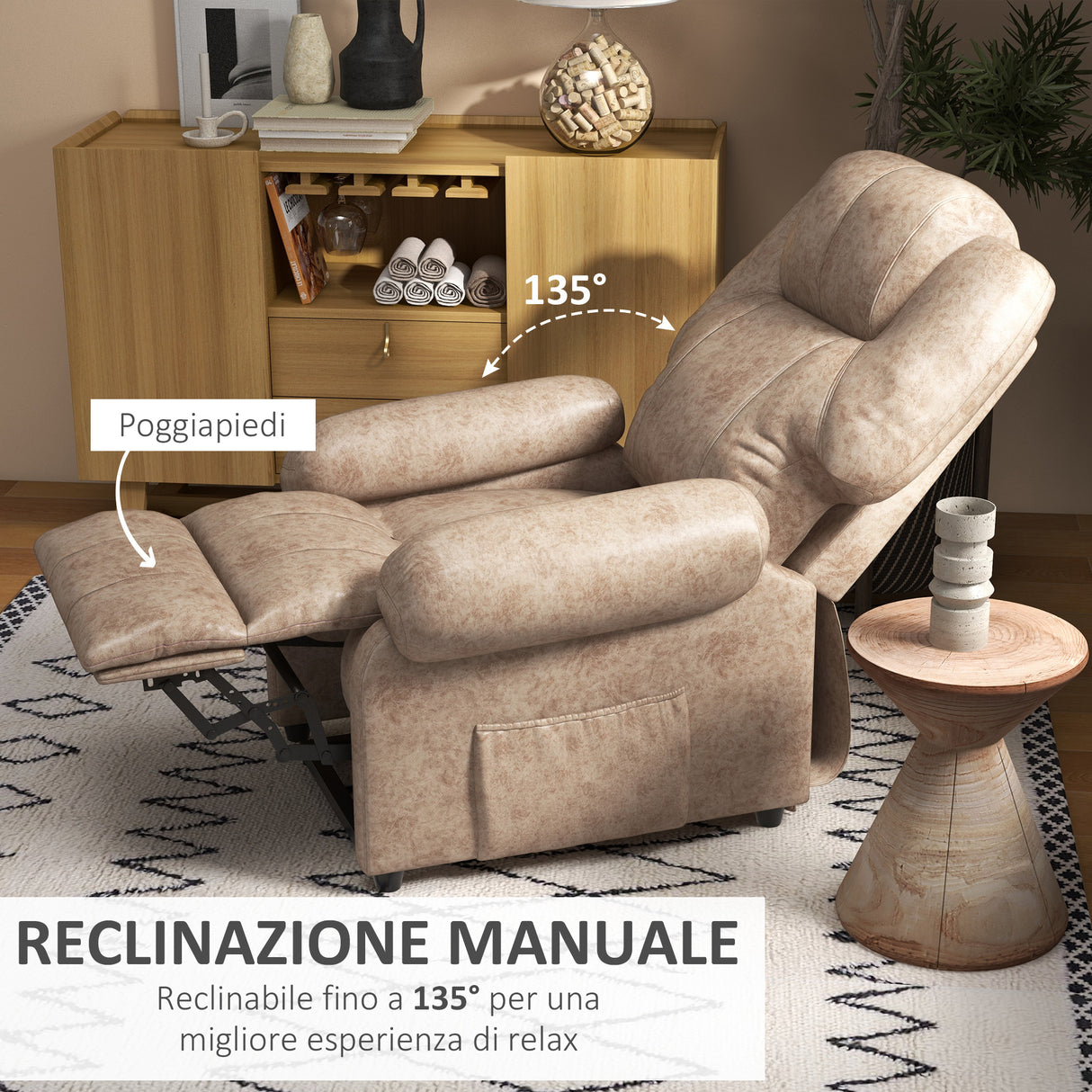 easycomfort easycomfort poltrona relax reclinabile manuale in tessuto con poggiapiedi estraibile e tasca laterale beige