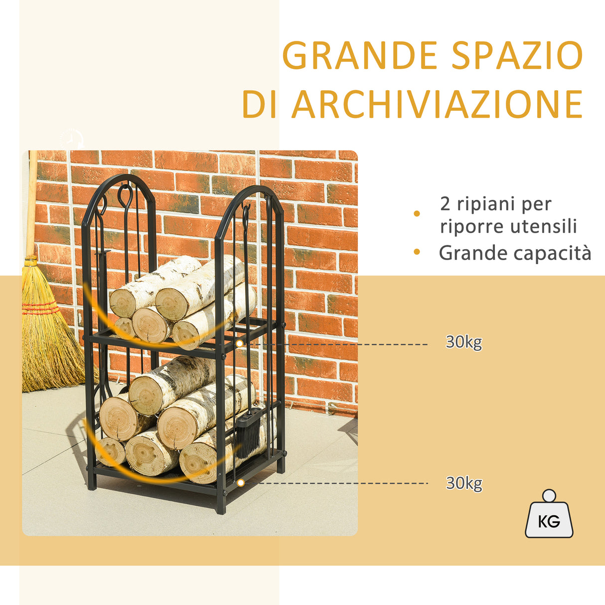 easycomfort easycomfort portalegna a 2 ripiani in metallo con paletta scopa attizzatoio e pinza 41 5x32 5x74 5 cm nero