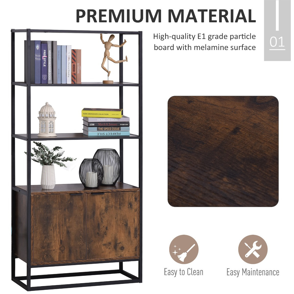 easycomfort easycomfort scaffale libreria in stile vintage con 3 ripiani 1 armadietto in legno e telaio in metallo nero 76x33x162 5cm ean 8054144136066