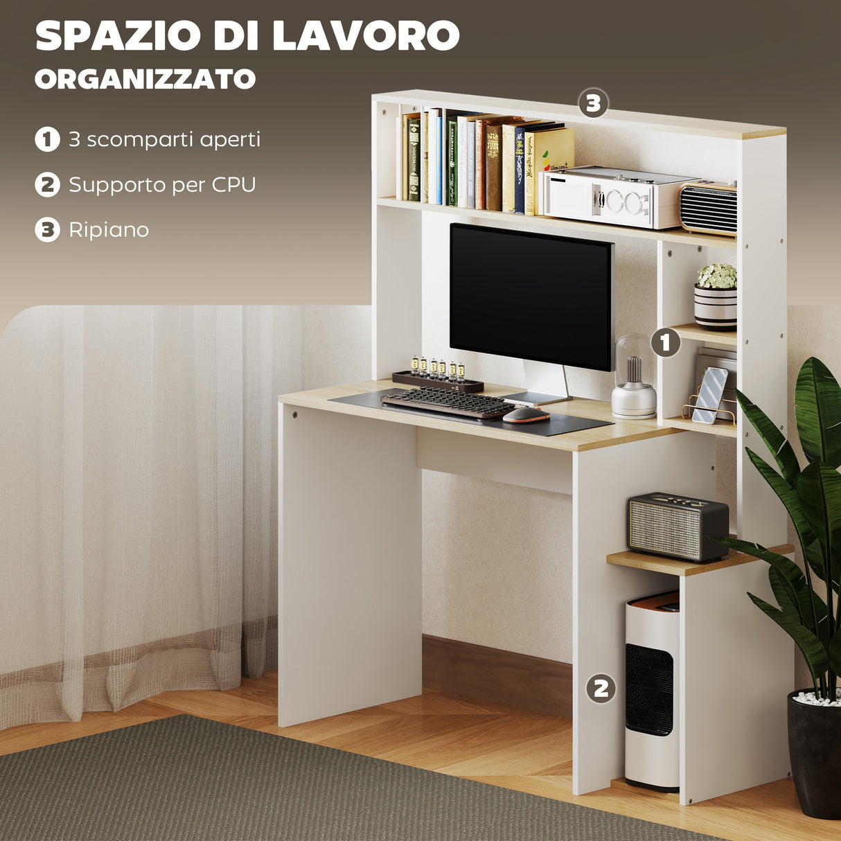 easycomfort easycomfort scrivania moderna per pc con libreria scaffale e porta cpu 113x45x138 5 cm rovere