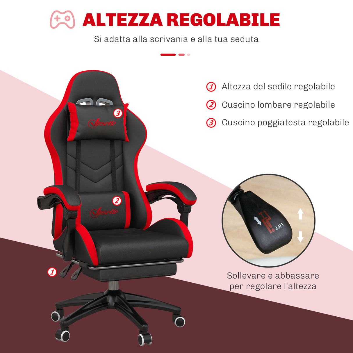 easycomfort easycomfort sedia da gaming con altezza regolabile e schienale reclinabile 65x65x121 129 cm nero e rosso