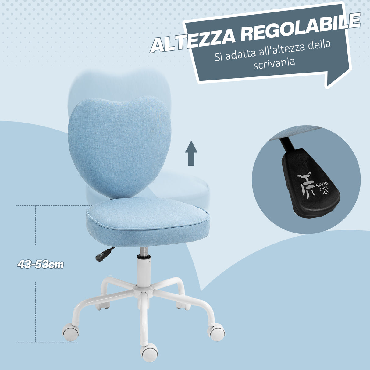 easycomfort easycomfort sedia per scrivania a cuore con 5 rotelle e altezza regolabile in tessuto 40x50x79 89cm azzurro