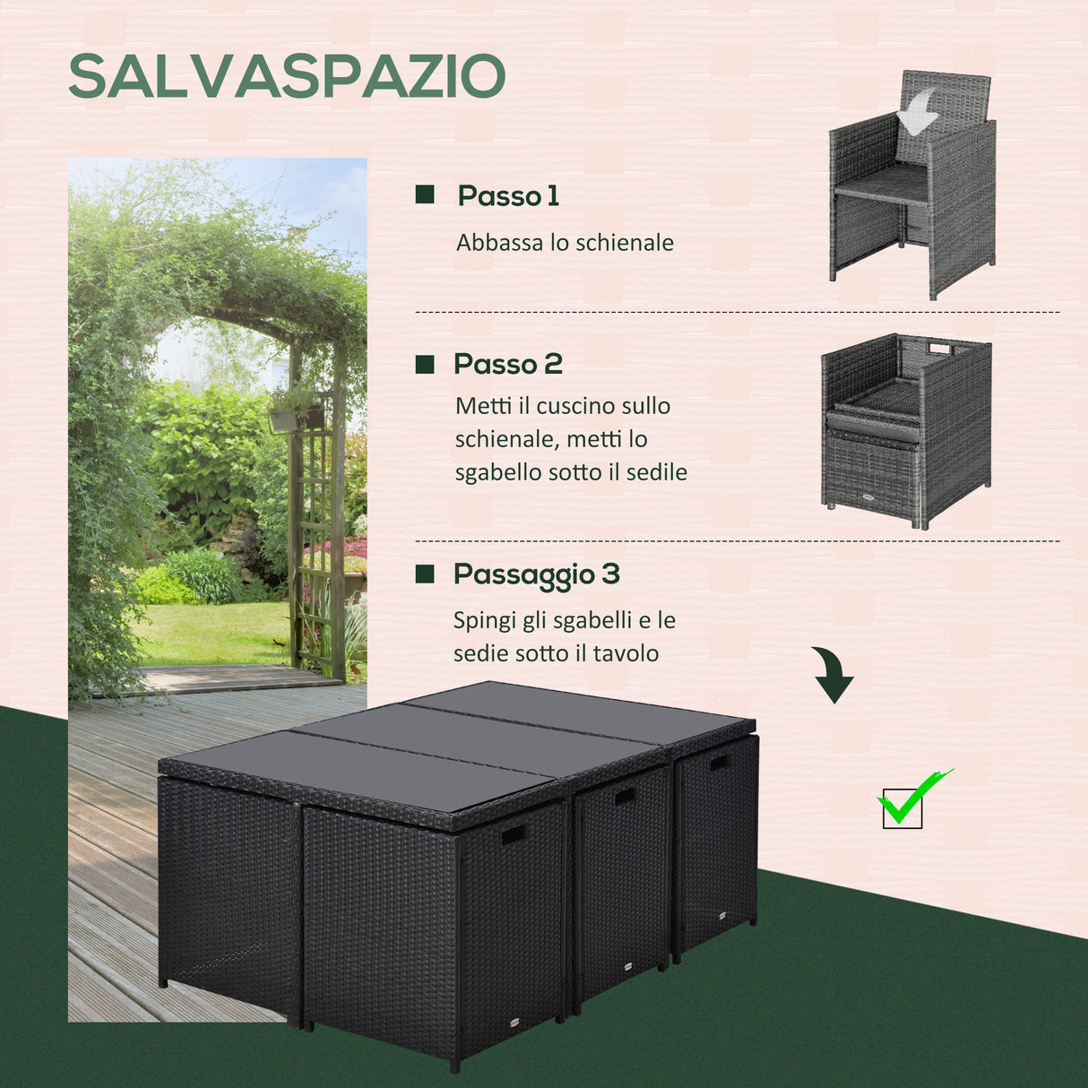 easycomfort easycomfort set 11 pz mobili da giardino in rattan da esterno con tavolo in vetro temperato e cuscini set da pranzo nero