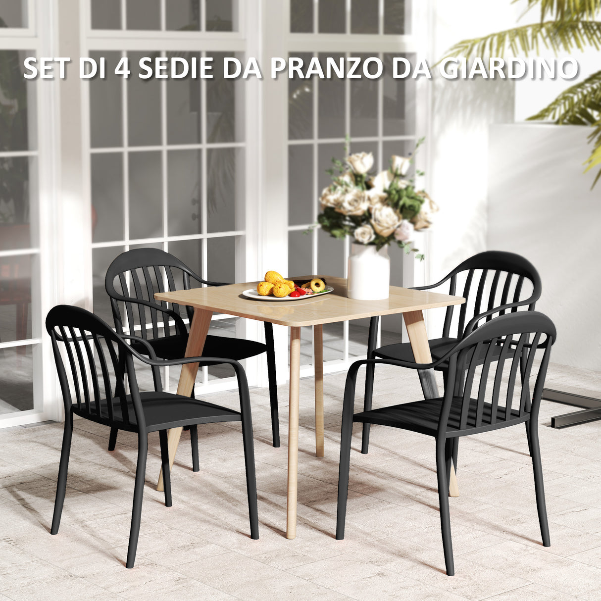easycomfort easycomfort set 4 sedie da giardino impilabili in pp con schienale alto e braccioli 57x54x78 cm nero