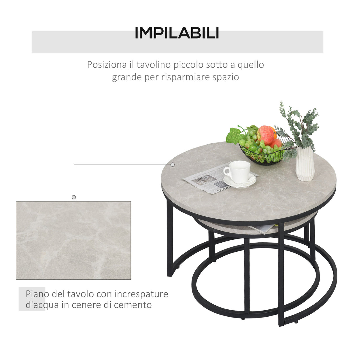 easycomfort easycomfort set da 2 tavolini da caffe sovrapponibili rotondi in metallo e mdf effetto marmo grigio e nero