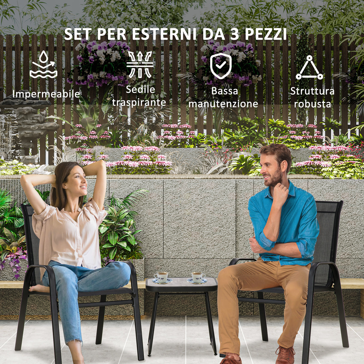 easycomfort easycomfort set da giardino 3 pezzi con tavolino e 2 sedie impilabili in acciaio e tessuto traforato nero